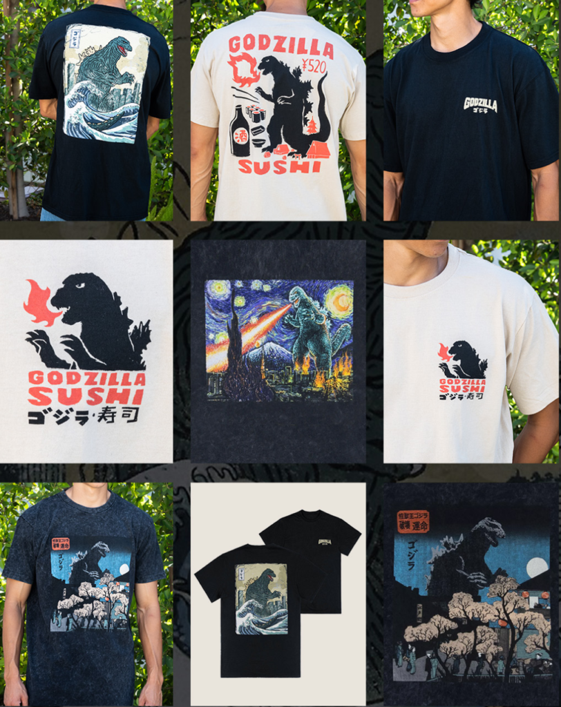 Godzilla vira sushi e arte japonesa em novas camisetas