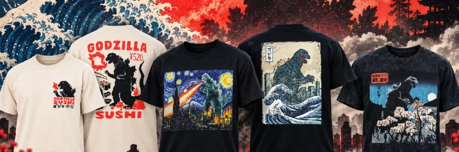 Godzilla vira sushi e arte japonesa em novas camisetas